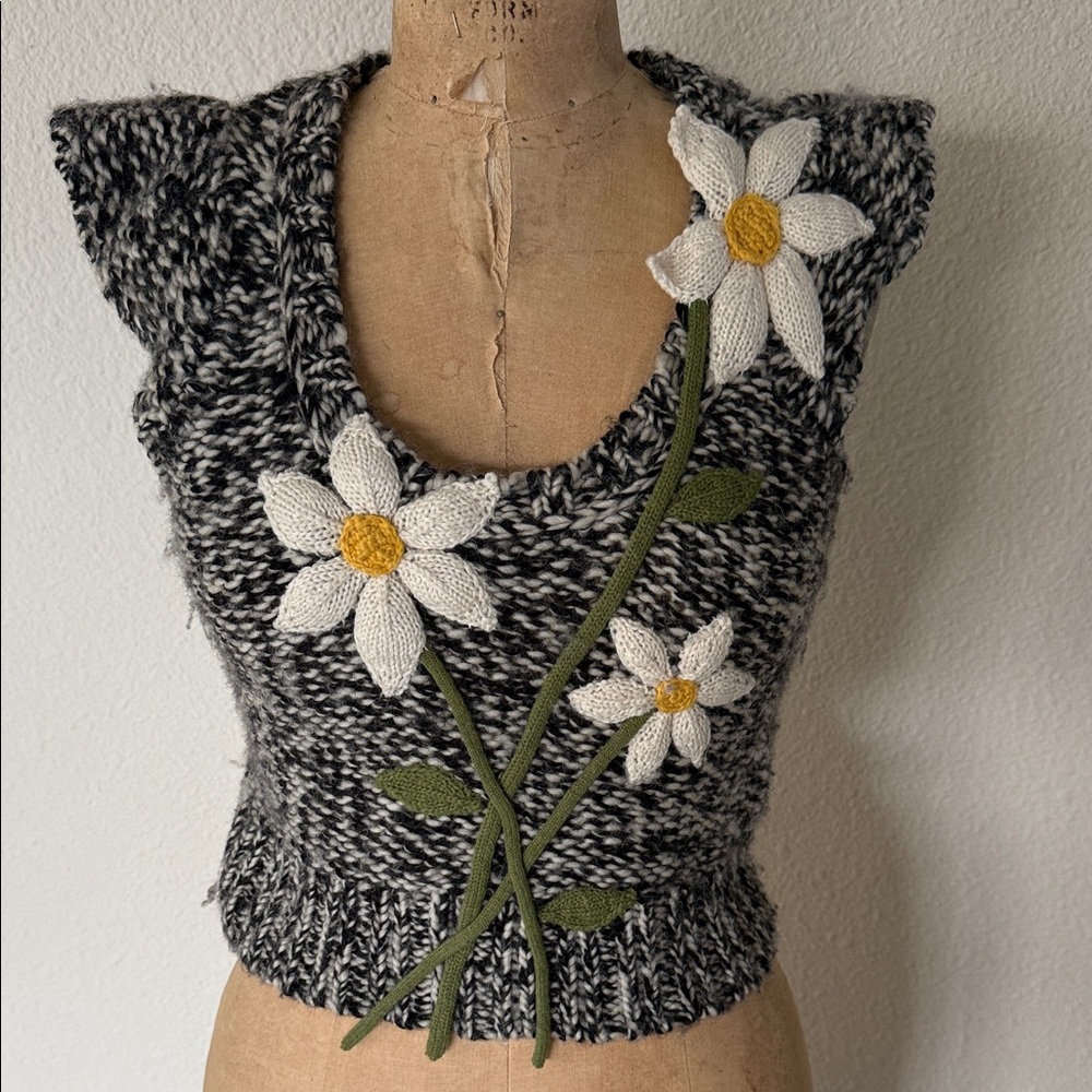 Anthropologie Black and White Knit Top with Floral Design